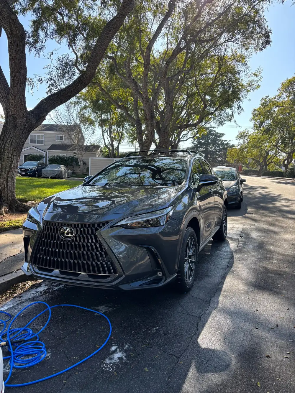 Black Lexus SUV mid-wash in a driveway